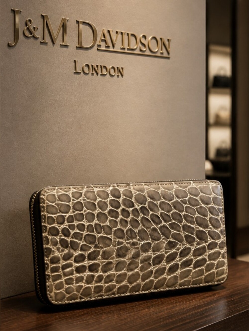 J&M Davidson London Beige Croc Embossed Long Zip Around Wallet